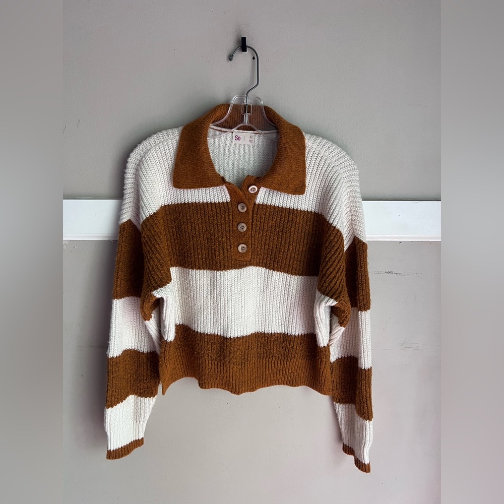 SO Striped Collared Pullover Sweater - Brown & Cream